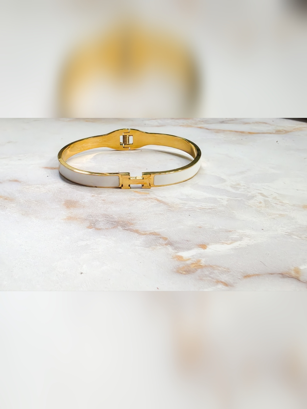 Luxury Inspired White Enamel H Bangle Bracelet Gold Tone Titanium Designer Cuff - Picture 6 of 6